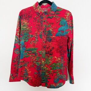 Vintage Red Scenic Forest Print Button Up Shirt Retro Novelty Art Blouse